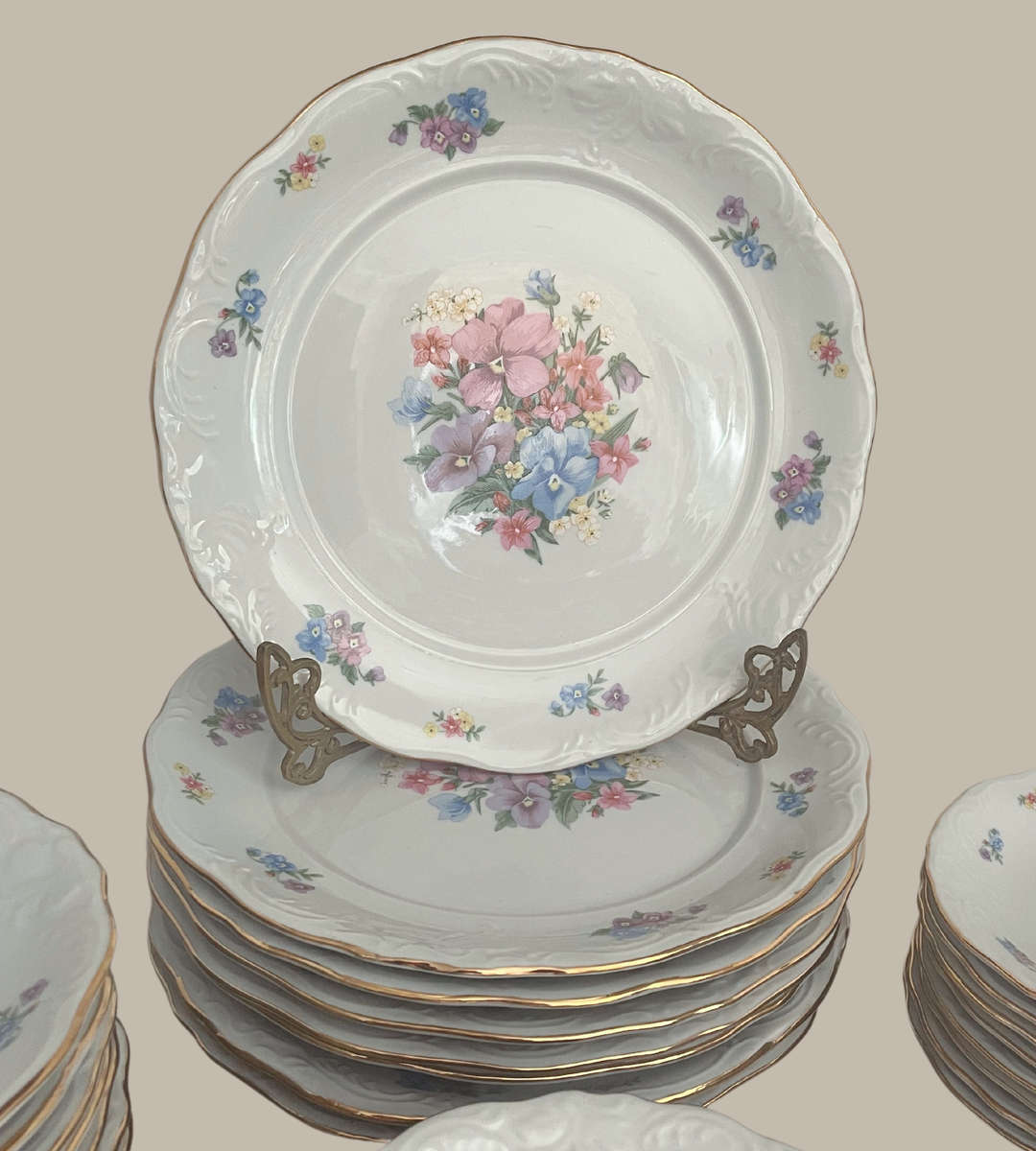 Vintage 55-Piece Fine China Dinner Set  - Gold-Trimmed Cottage Chic Floral Design - Discounted!