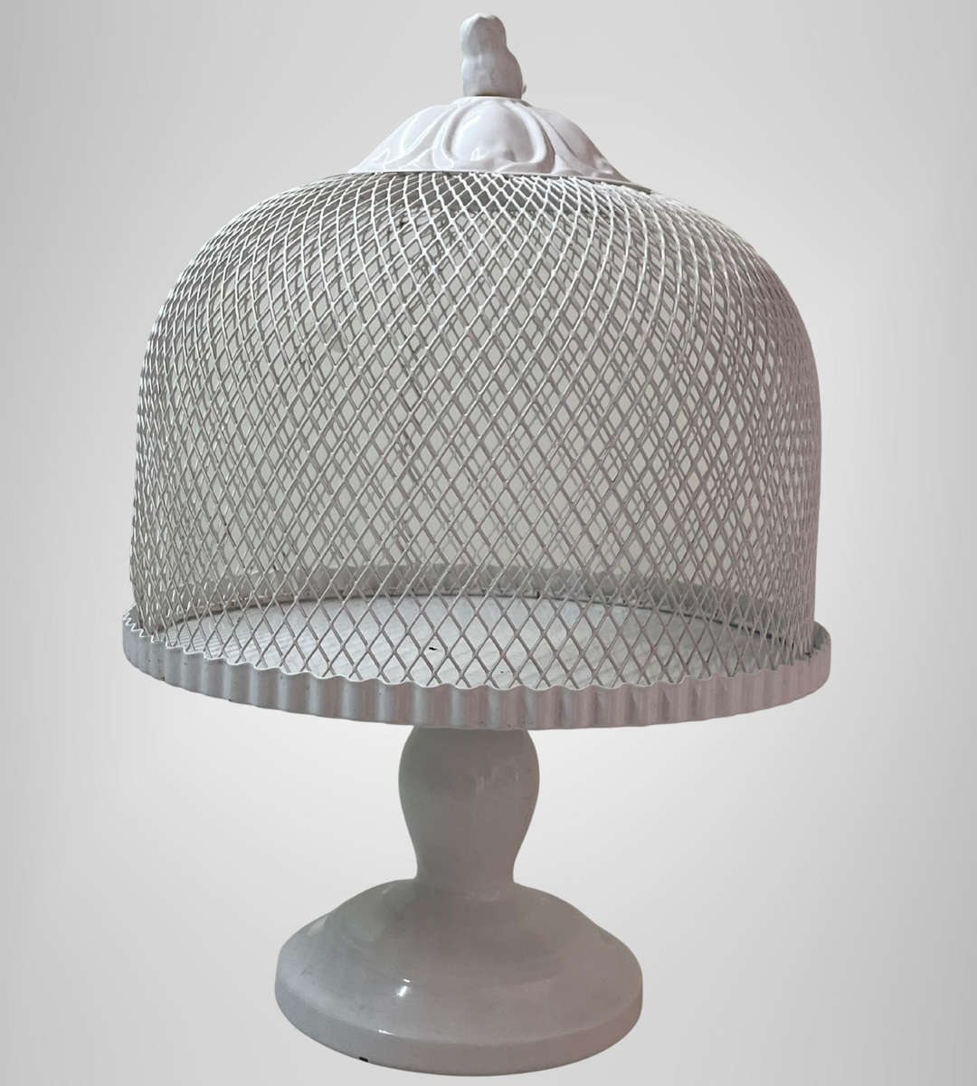 White Metal Cake Stand with Bird-Top Mesh Cover  25cm Wide