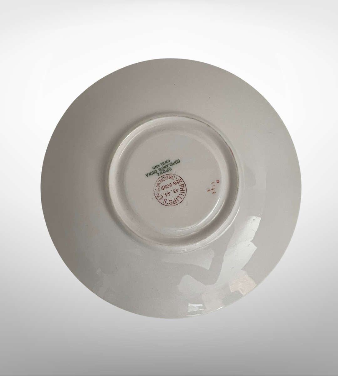 Antique Spode Copelands Tea Cup & Saucer  Ditsy Florals, Green Rim, Phillips Ltd Mark (1908-1929)