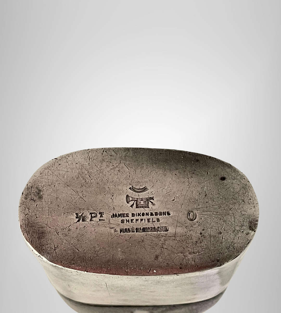 Vintage James Dixon & Sons Leather & Pewter Hip Flask  ½ Pint  Sheffield England  Trumpet Banner