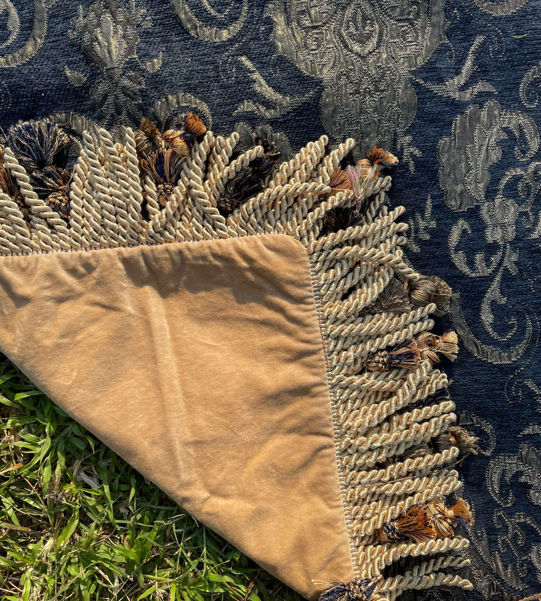 Heavy Traditional Indigo and Gold Upholstered Fabric with Velvet Suede Back and Double Rows of Tasse