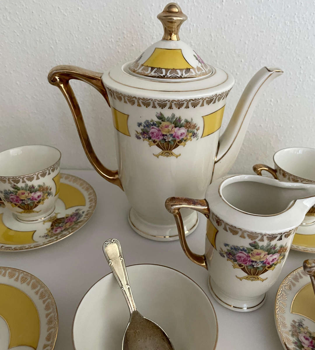Vintage Protea China 15-Piece Tea Set  Yellow Floral with Gilt Trim