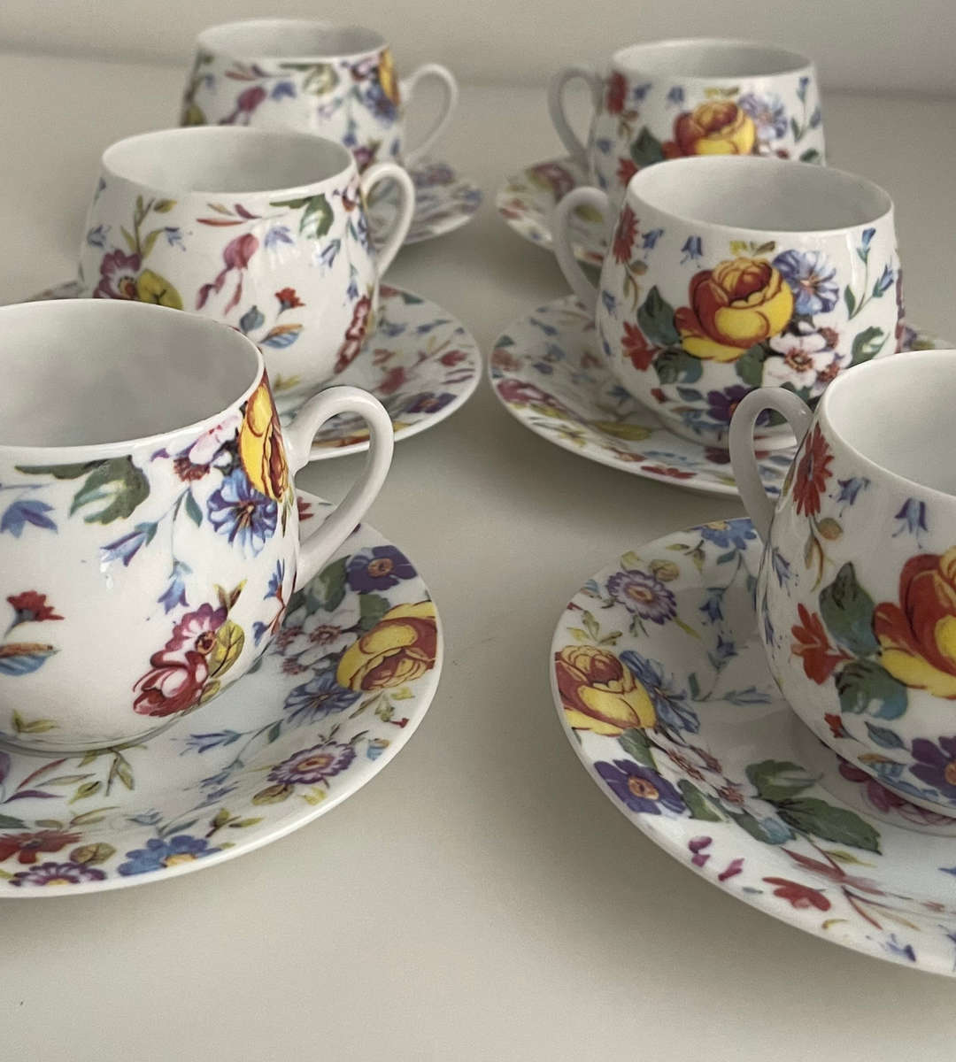 Delicate Multicolor Floral New Bone China Espresso Cup & Saucer Set  12 Piece, Eggshell-Style Thinn