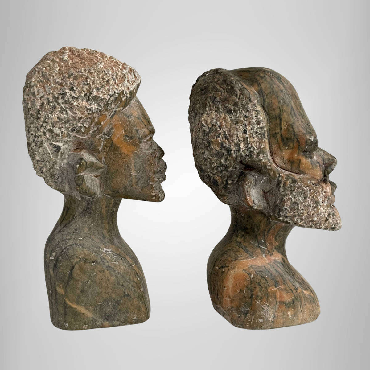 Set of 2 Vintage African Soapstone Busts  Hand-Carved Figures  11.5 to 12 cm  Aged Patina