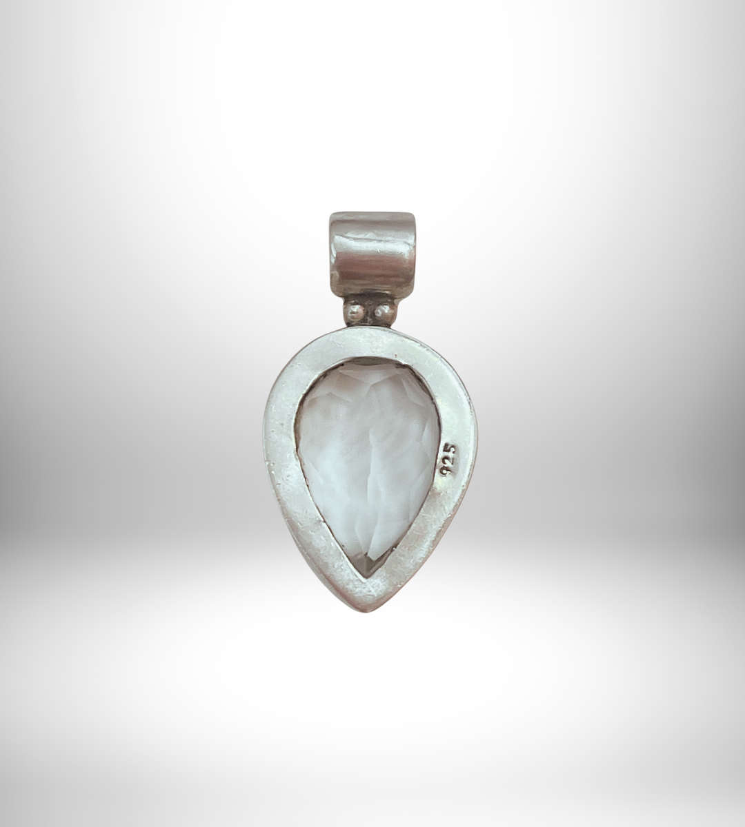 925 Sterling Silver Large Faceted Clear Quartz Teardrop Pendant - Soft Blue Hue - Great Condition
