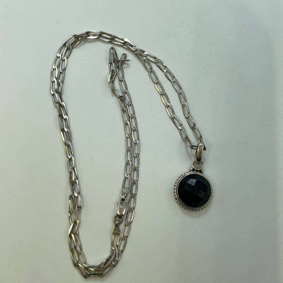 Sterling Silver Necklace with Faceted Black Onyx Pendant - 8.8g
