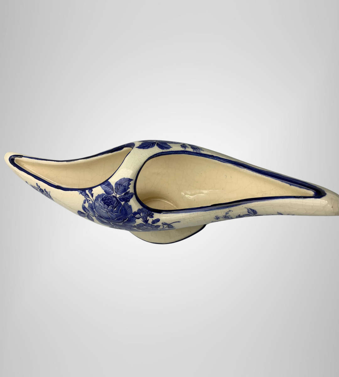 R1 Start - Antique Delft-Style Jardinière  Flow Blue Roses  Marked B467 - Chip on Footpiece