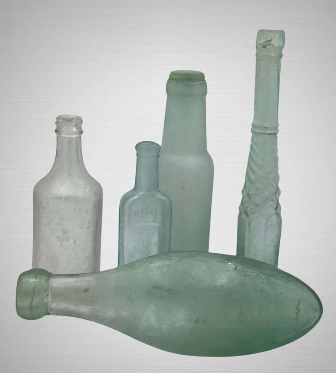 Rare Antique Bottle Collection with Aqua Glass Stoppers & Torpedo Bottle Stand - 12 Unique Bottles
