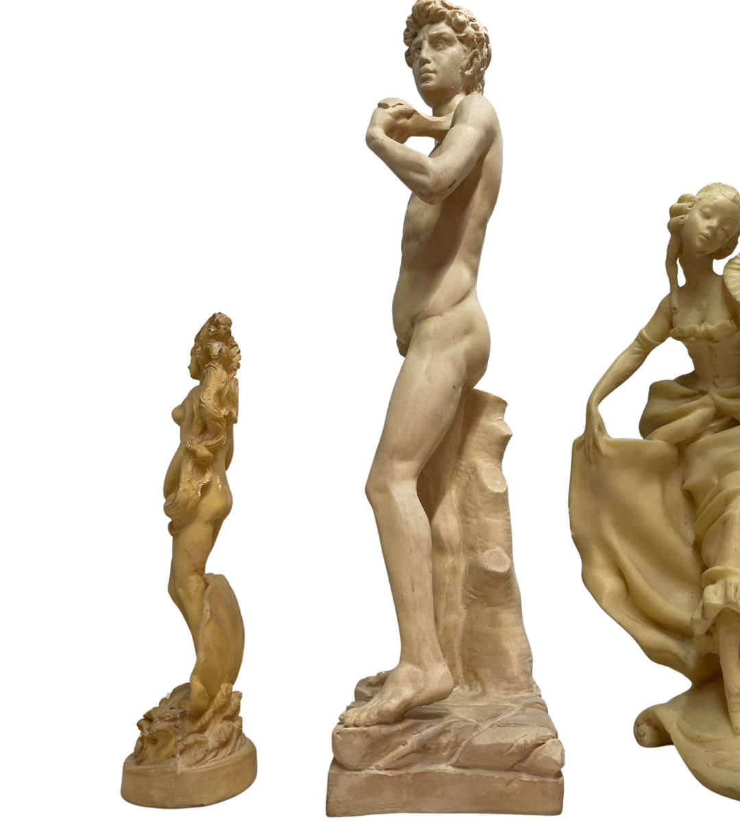 3pc Vintage Resin Sculpture Collection  Michelangelos David, Nude Goddess, and Rare Oriental Okimono