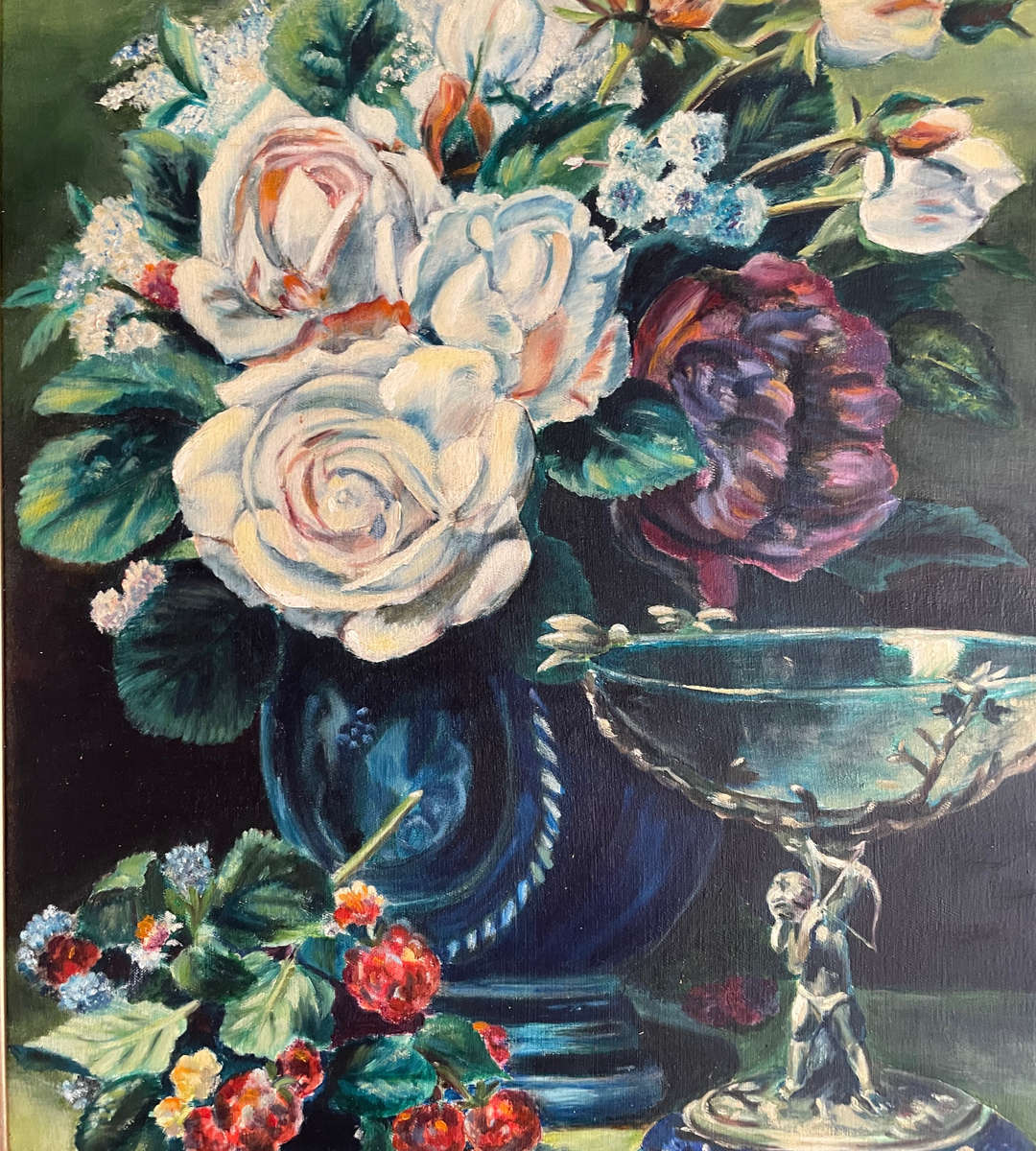 Eleni (2000) 'Cupid's Goblet' Floral Still Life - Oil on Canvas - Framed - 53.5 x 64cm