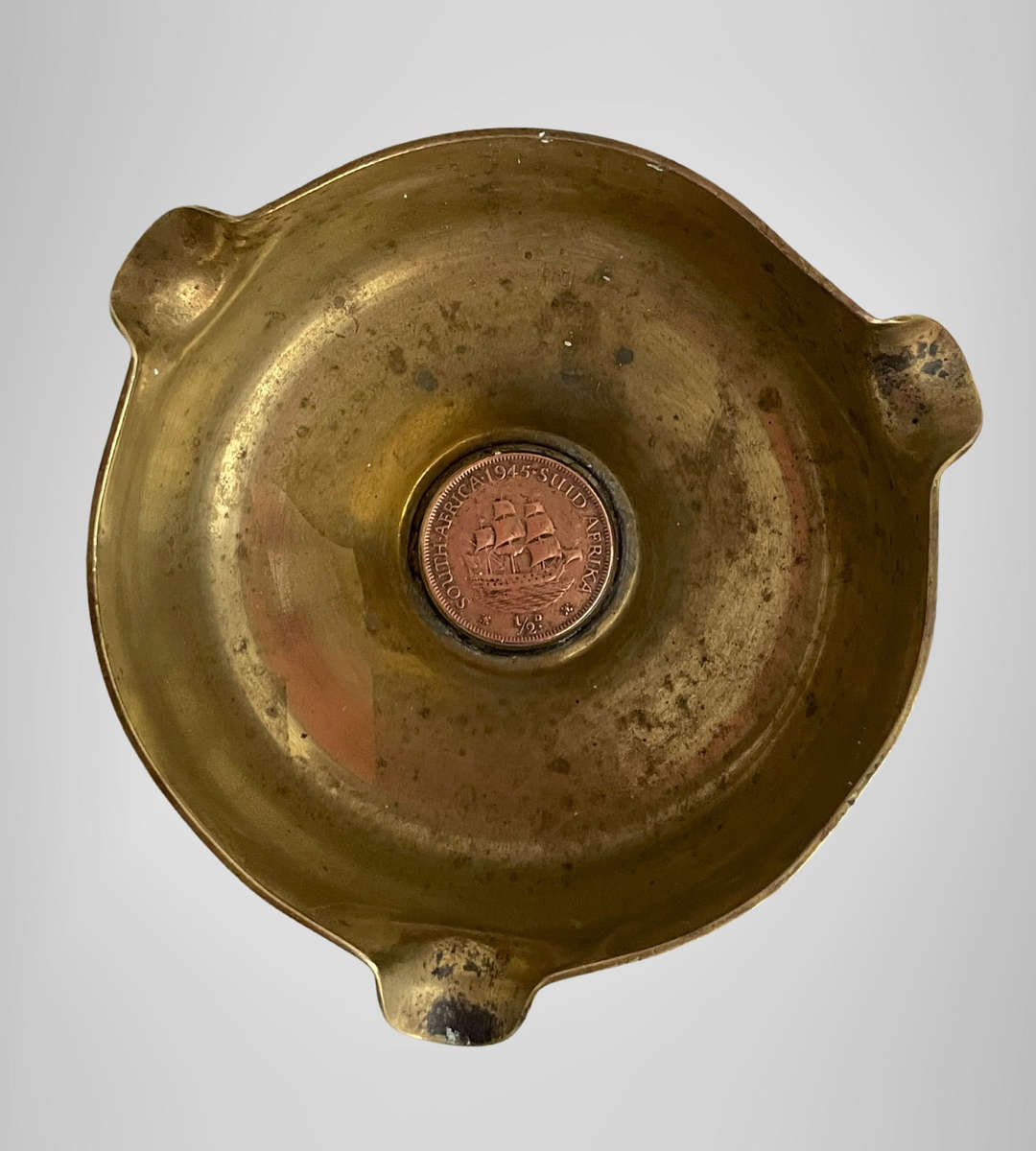 WWII South African Brass Trench Art Ashtray  1945 Shell Base with Half Penny Coin Insert  Rare Mil