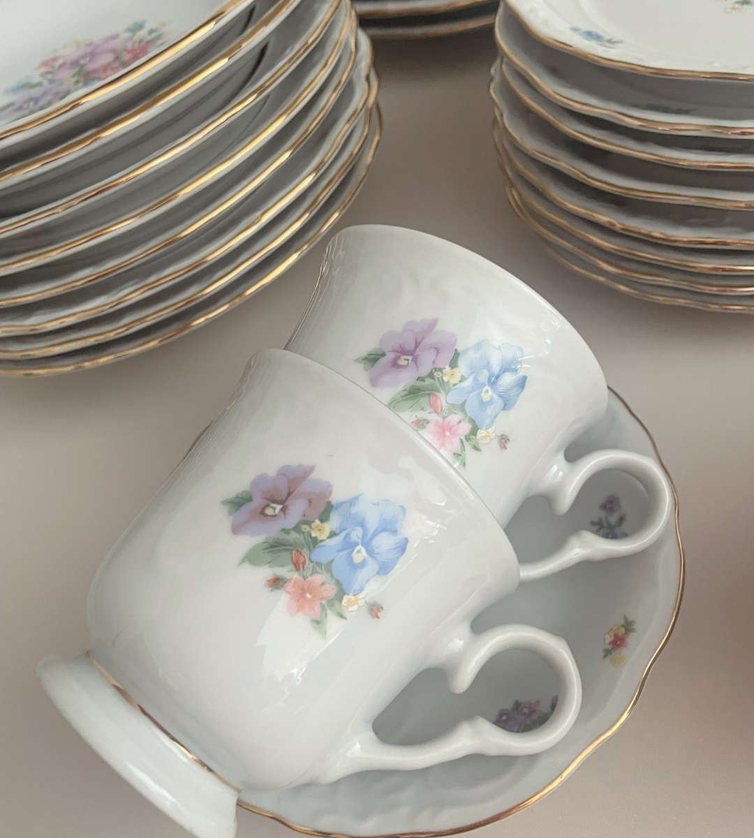 Vintage 55-Piece Fine China Dinner Set  - Gold-Trimmed Cottage Chic Floral Design - Discounted!