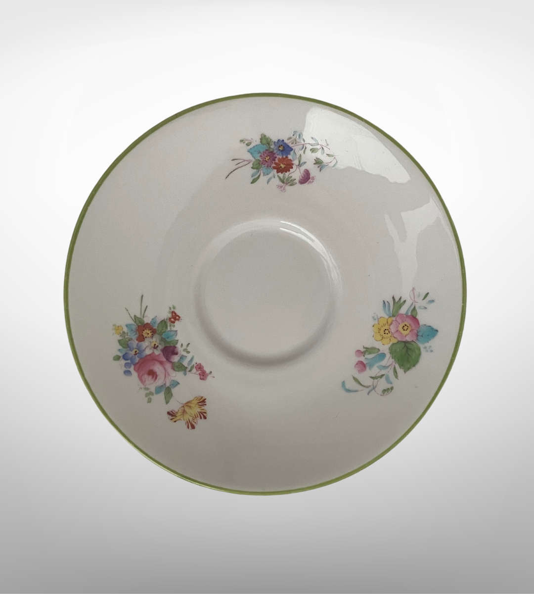 Antique Spode Copelands Tea Cup & Saucer  Ditsy Florals, Green Rim, Phillips Ltd Mark (1908-1929)