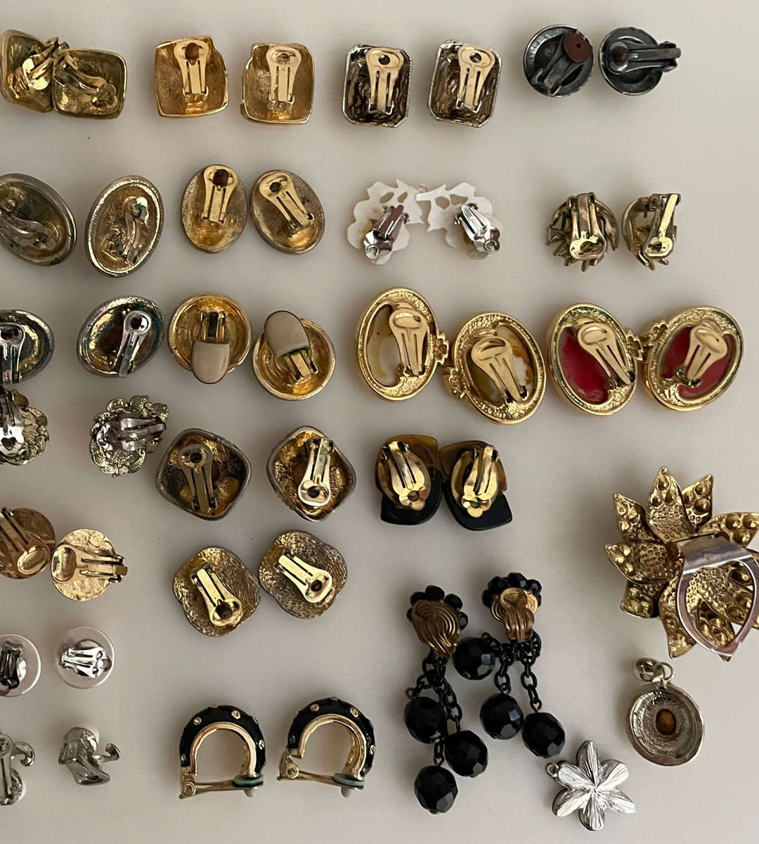 Reduced - Vintage Costume Jewelry Lot  64 Pairs Earrings + Pendants & Scarf Clip  Clip-ons, Studs