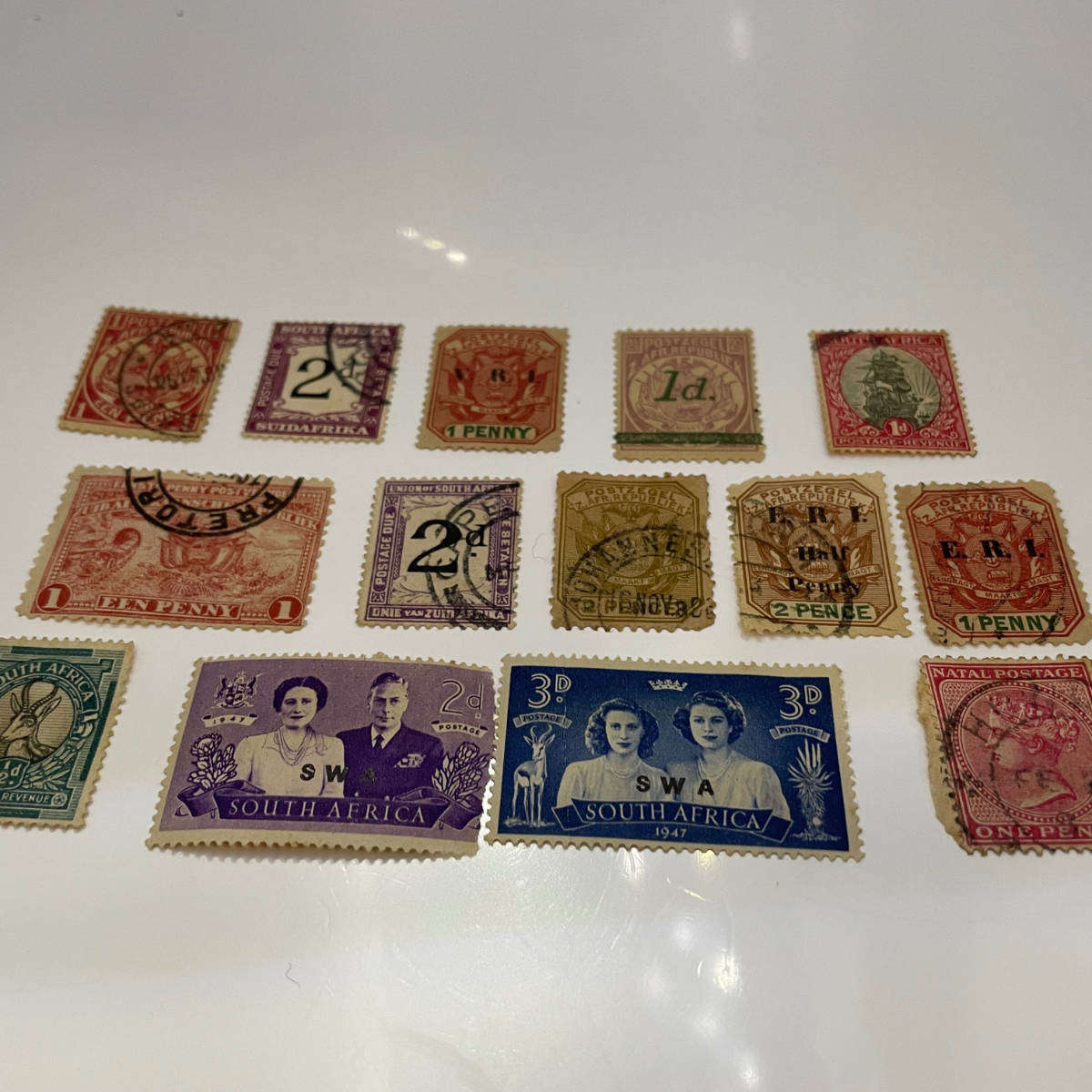 Lot of 14 Old South African & ZAR Stamps  SWA Overprints, Natal, ZAR Revenues, Postage Due
