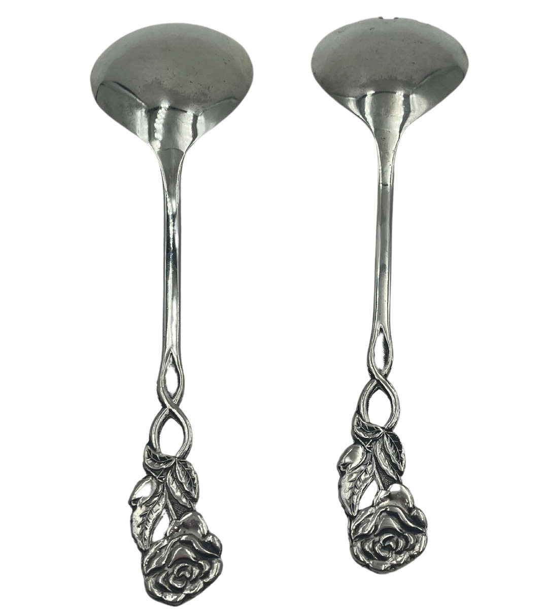 Vintage Salad Serving Spoon Set with Blue and White Cloisonné Enamel Rose Design