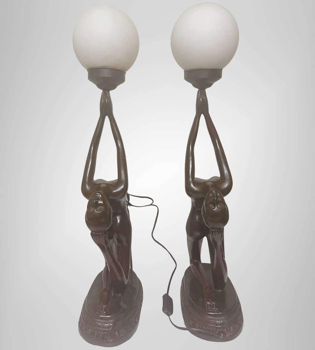 Rare 1970s Large Art Deco Style Nude Table Lamps  Matching Pair  75cm  Frosted Glass Shades