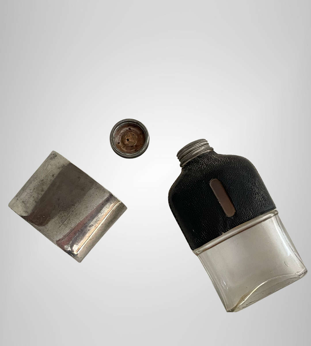 Vintage James Dixon & Sons Leather & Pewter Hip Flask  ½ Pint  Sheffield England  Trumpet Banner