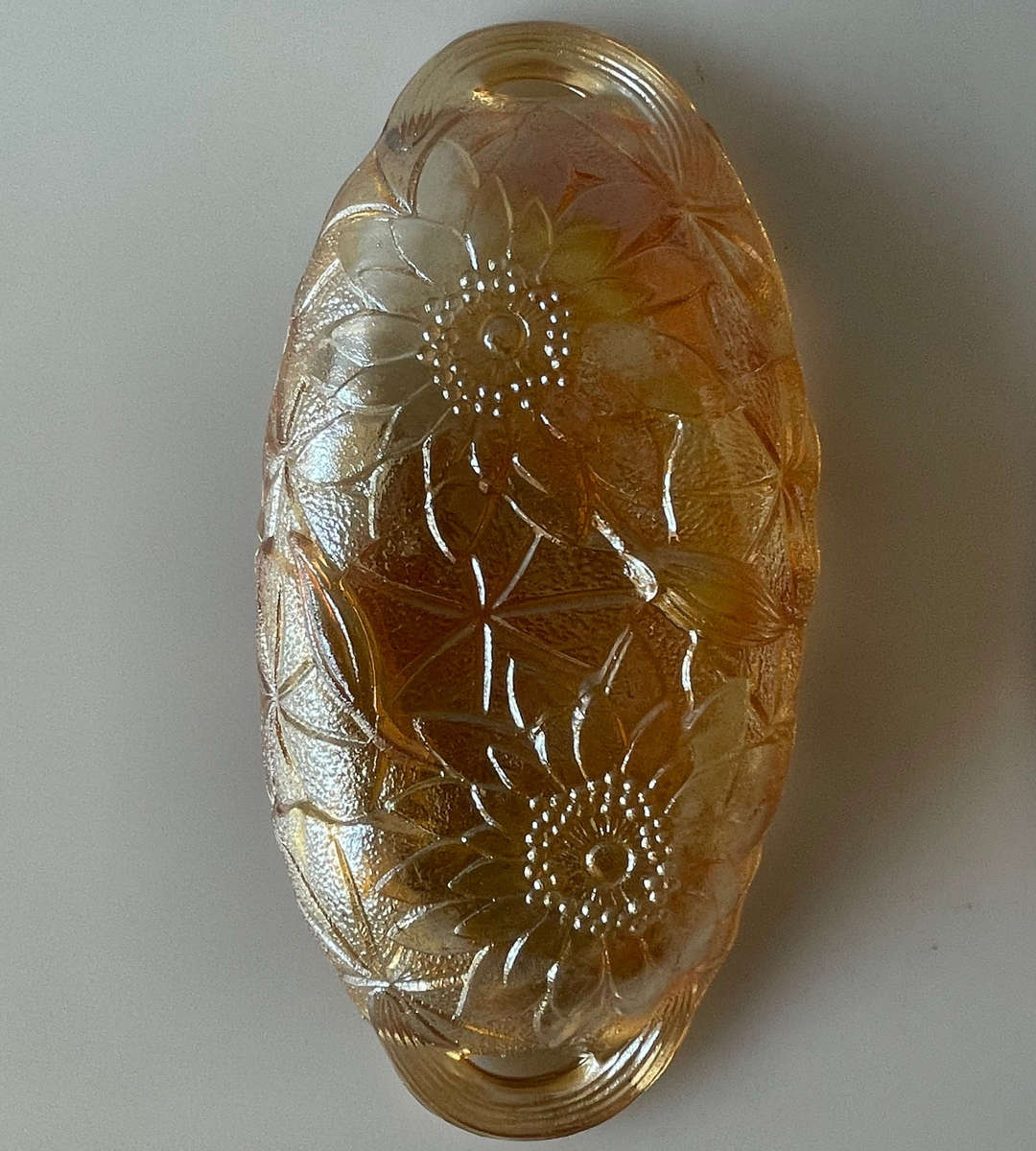 Set of 2 Iridescent Marigold Carnival Glass Relish Dish  Indiana Glass, Oval Sunflower Design