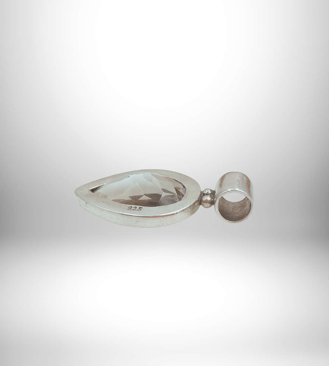 925 Sterling Silver Large Faceted Clear Quartz Teardrop Pendant - Soft Blue Hue - Great Condition