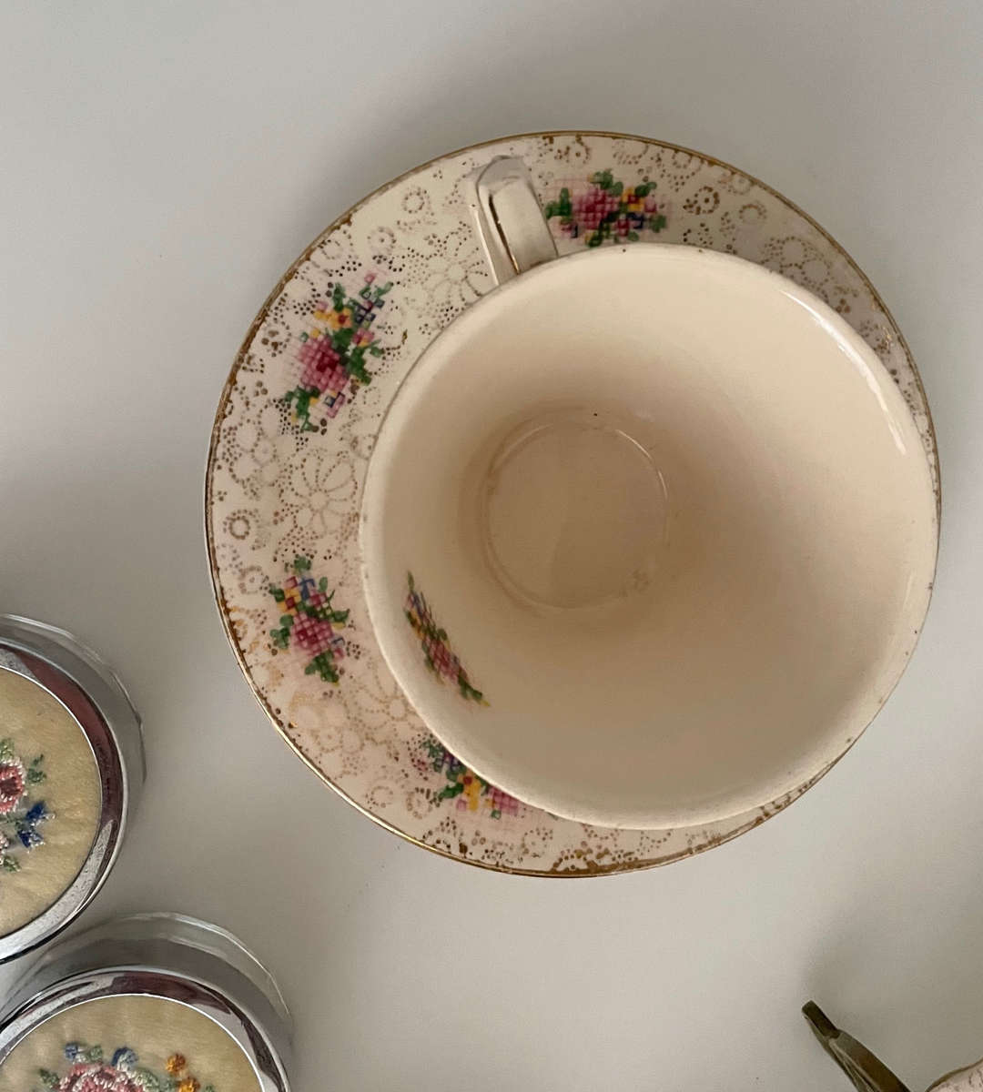 8-Piece Vintage Petit Point & Cross-Stitch Vanity Décor Set with H&K Tunstall Cup & Saucer