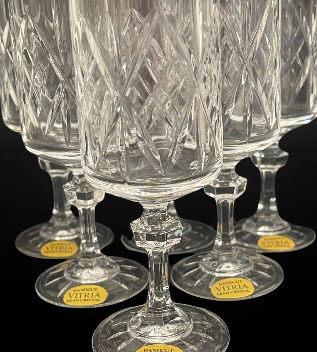 Set of 6 Vintage Vitria Handcut Lead Crystal Champagne Flutes  Elegant 17cm High Glasses