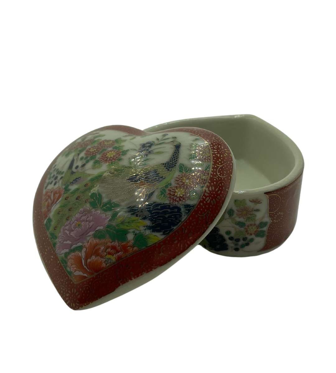 Vintage Satsuma Peacock Floral Heart-Shaped Trinket Box - Red/Green/Gold - Japanese Export