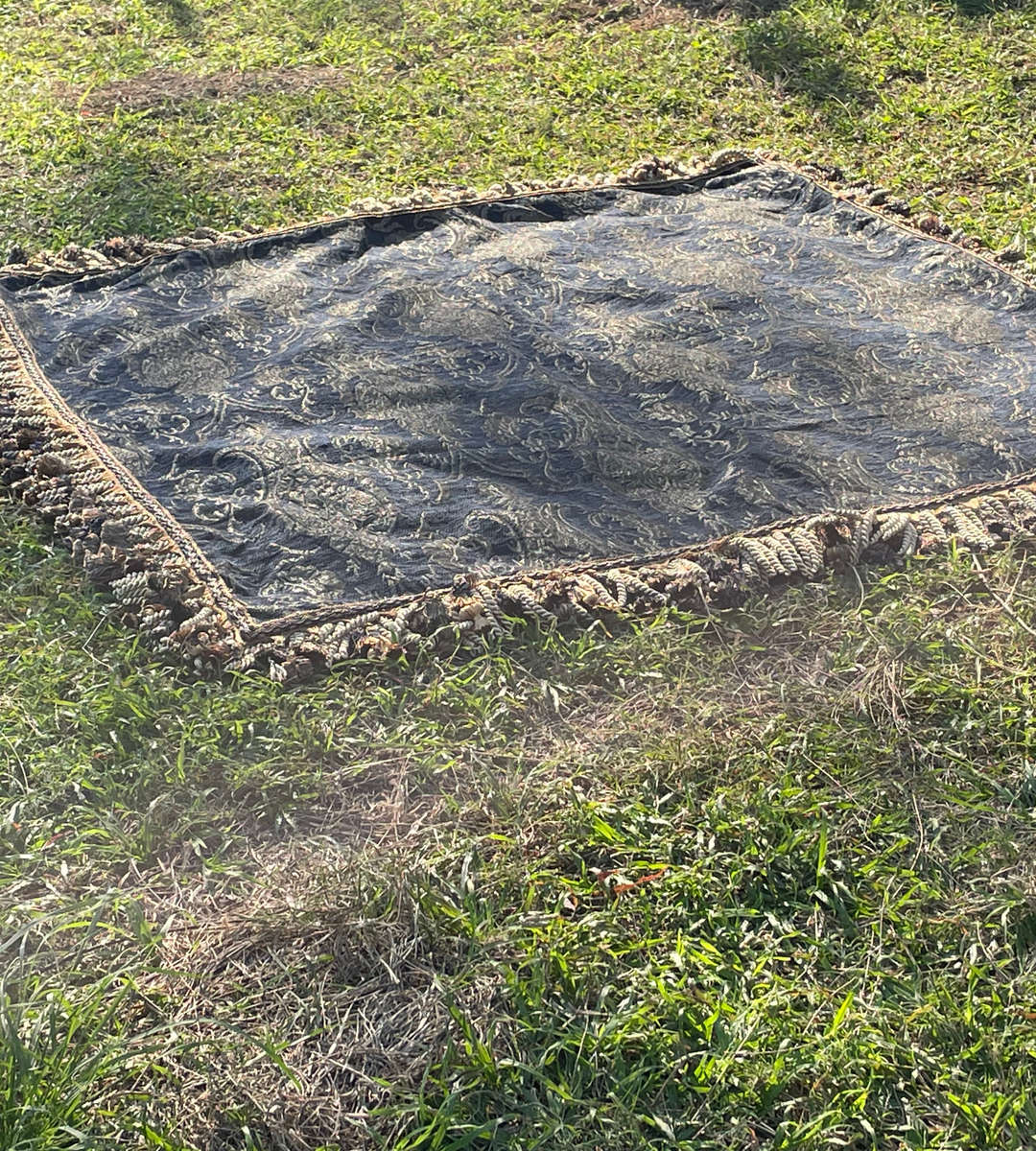 Heavy Traditional Indigo and Gold Upholstered Fabric with Velvet Suede Back and Double Rows of Tasse