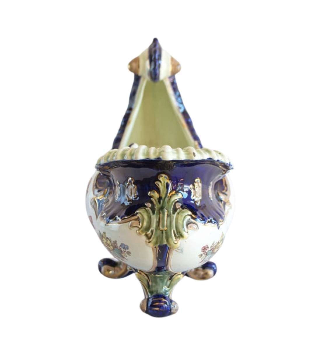 Reduced ! Rococo Majolica Jardiniere c.1934  Cobalt Blue & Turquoise Glaze, Cherubs & Swags Design