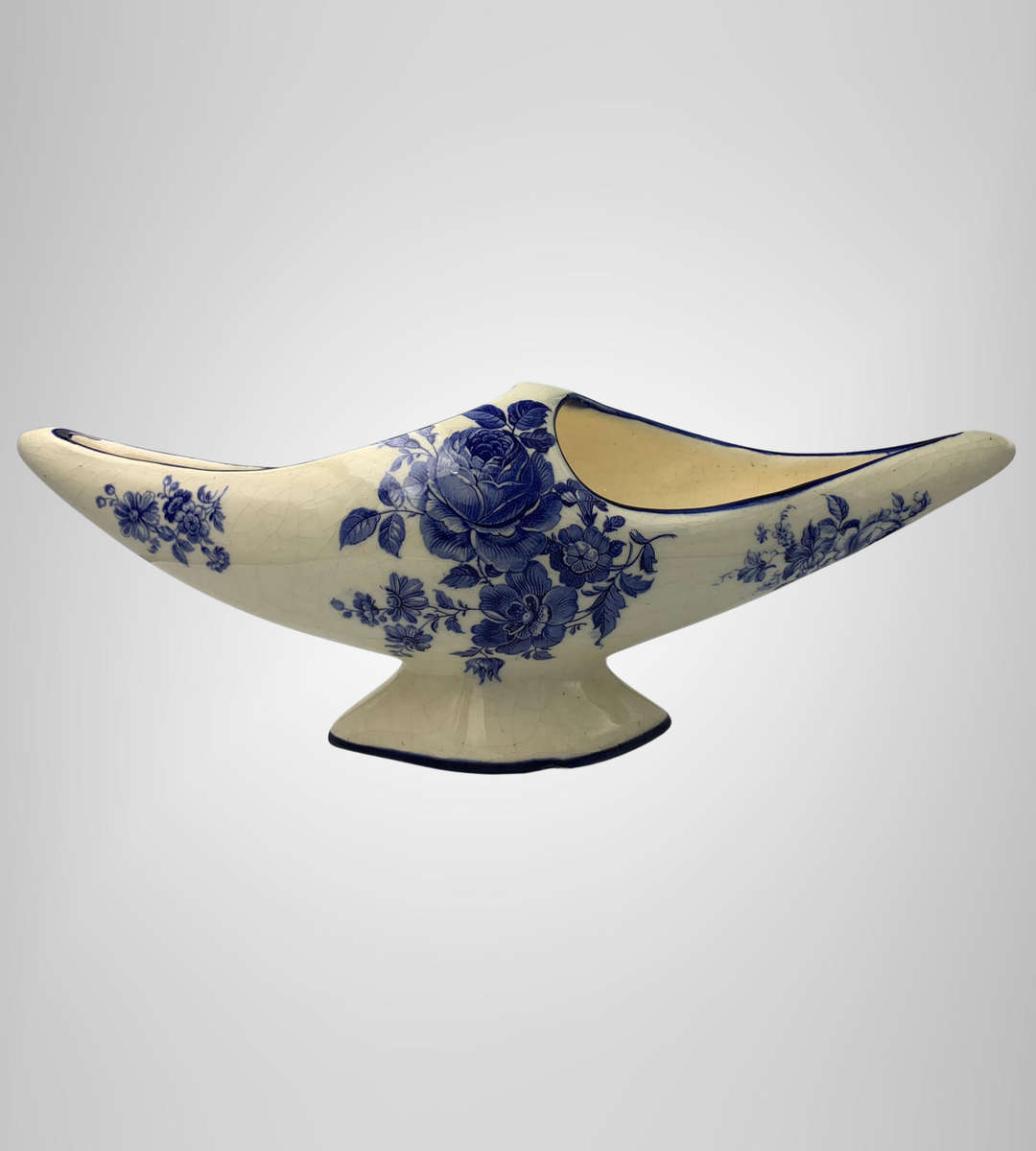 R1 Start - Antique Delft-Style Jardinière  Flow Blue Roses  Marked B467 - Chip on Footpiece