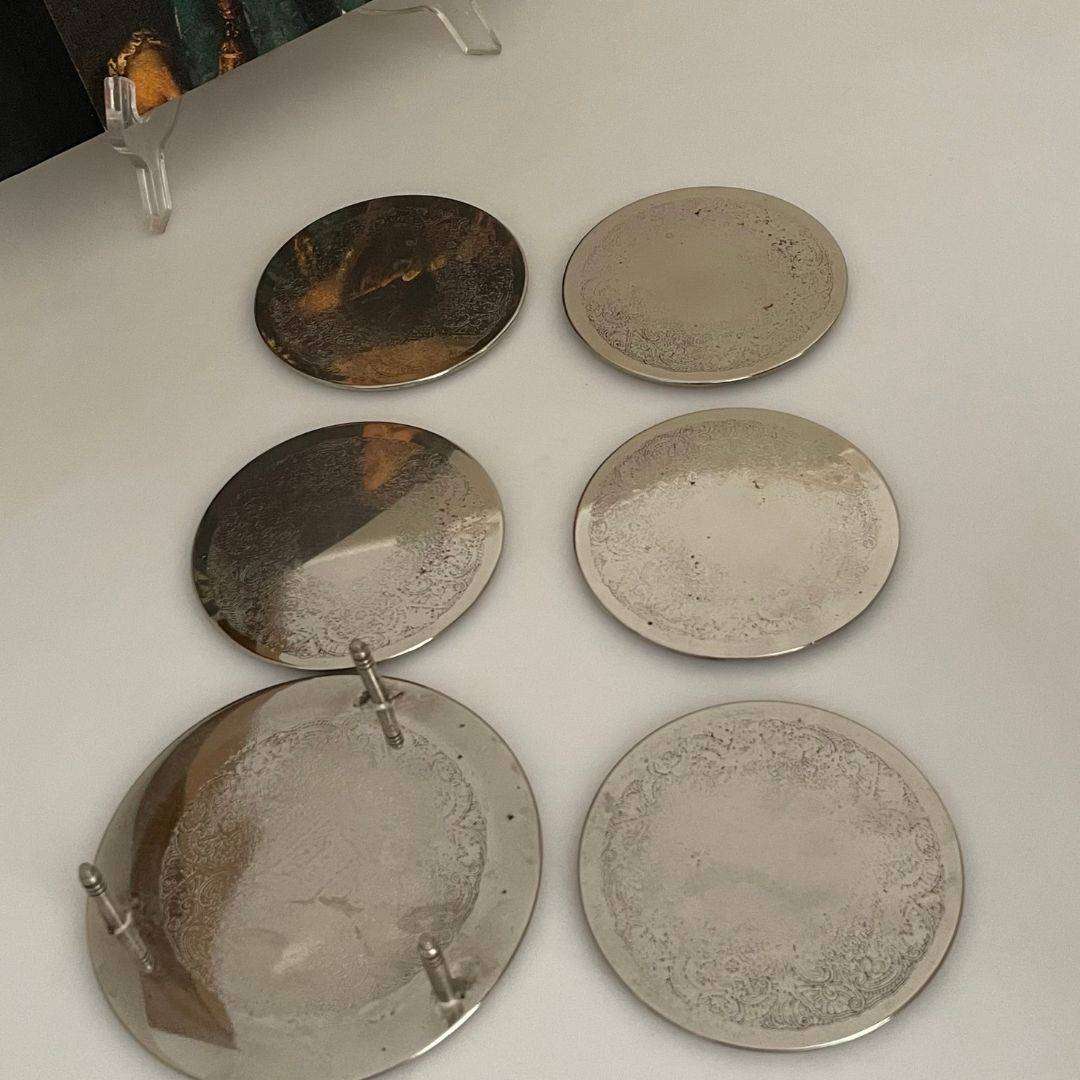 Vintage 5 Piece Silver-Plated Coaster Set with Holder  Embossed Floral Design