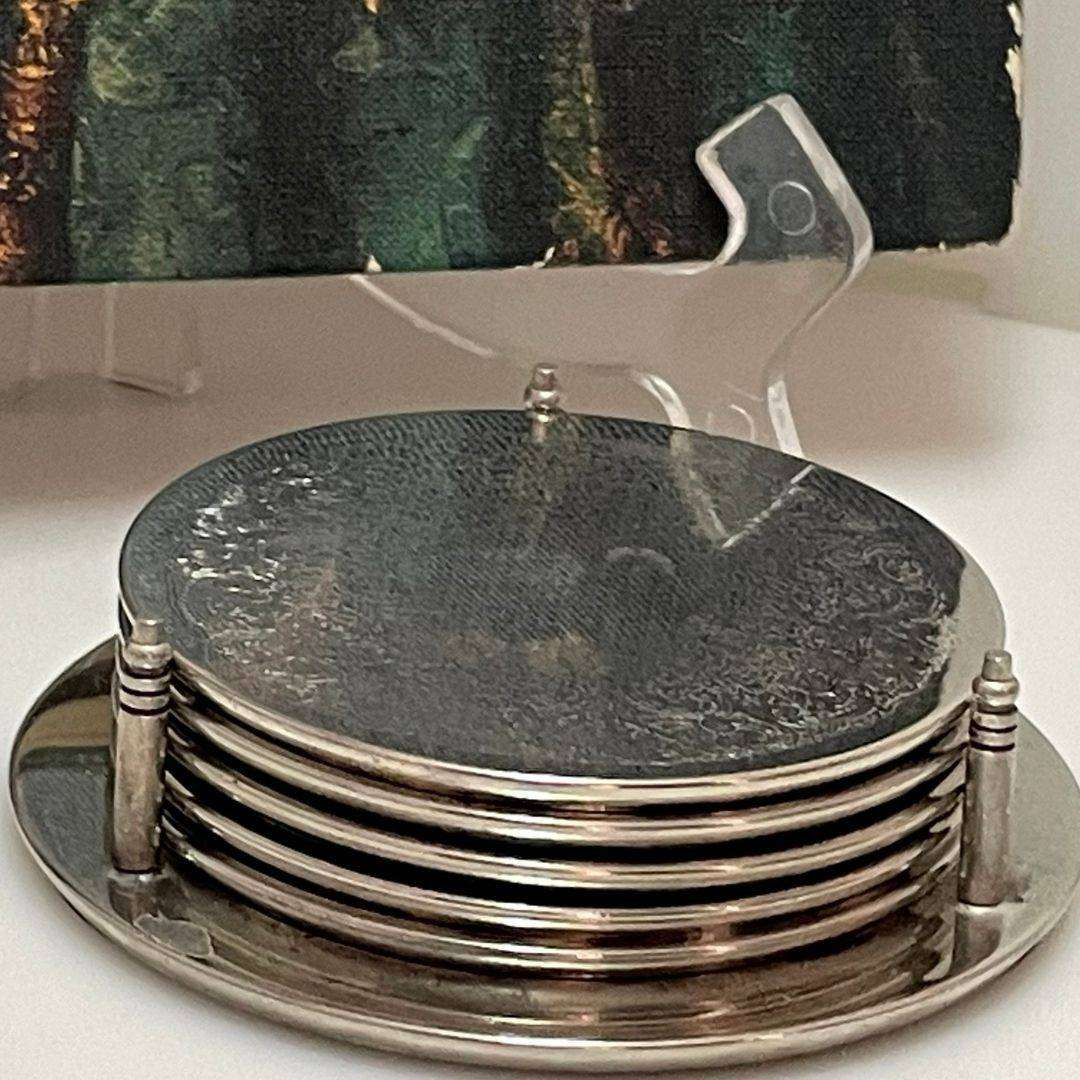 Vintage 5 Piece Silver-Plated Coaster Set with Holder  Embossed Floral Design