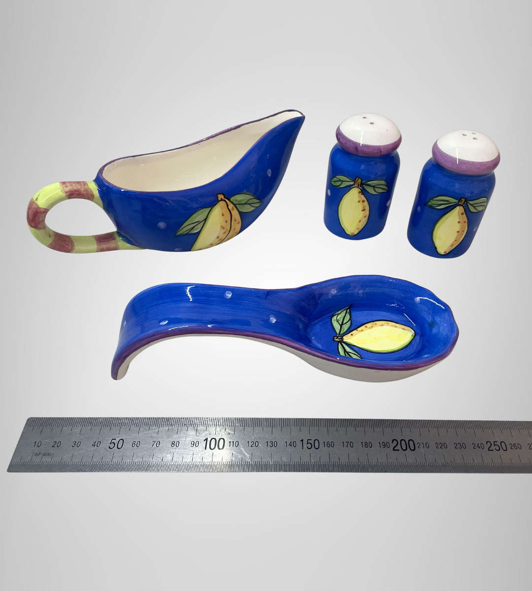 4-Piece Hand Painted Kitchenware Set  Blue & Yellow Lemons  Spoon Rest, Gravy Boat, Salt & Pepper