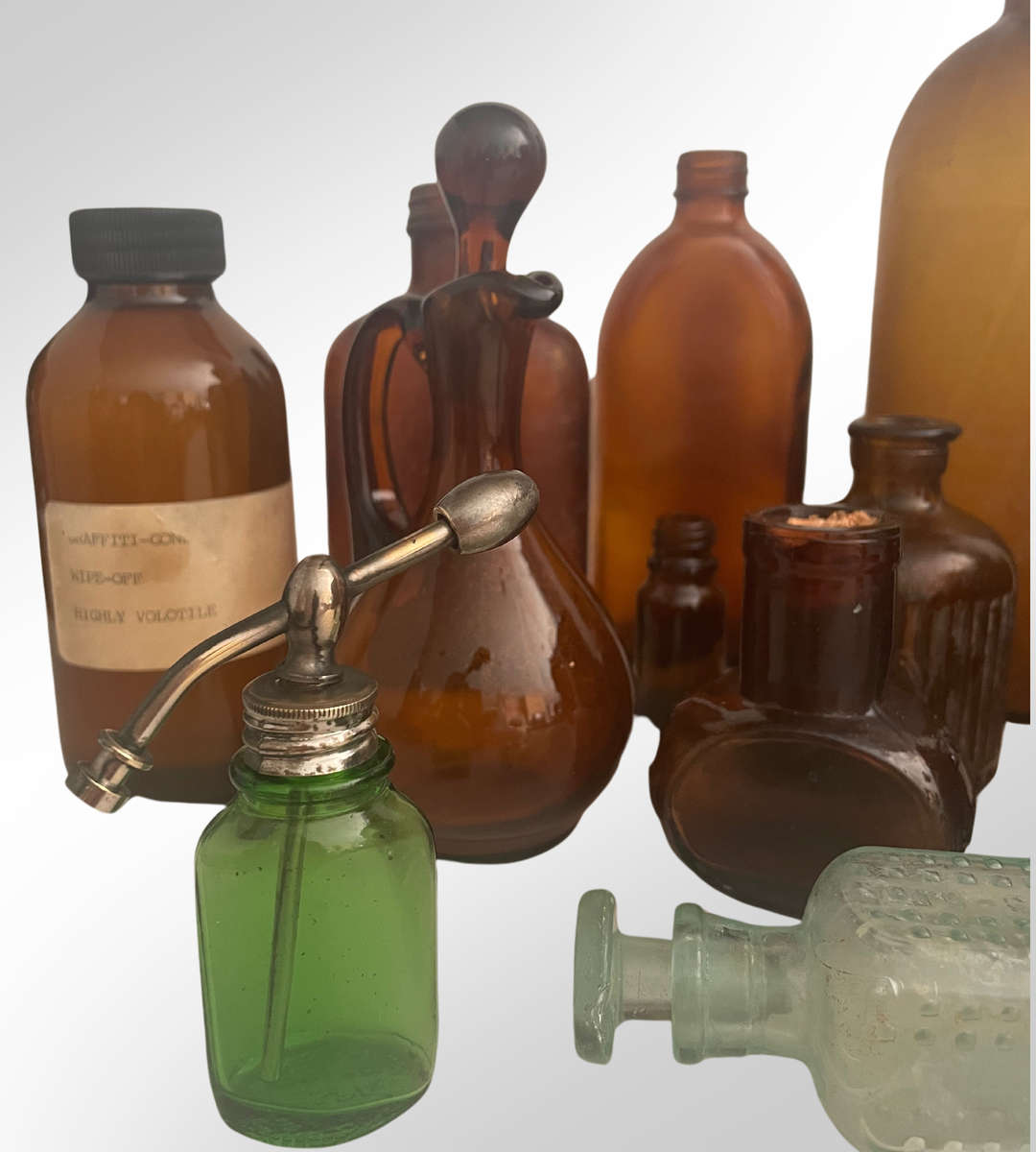 Vintage Glass Bottle Collection  Rare Vapo-Cresolene, Bovril, Amber Glass, Nasal Atomizer, and More