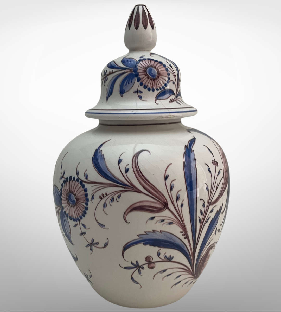 Outeiro Agueda Hand-Painted Ginger Jar Vase - Floral Pattern, Portugal, 1980s, 27.5 cm - as is