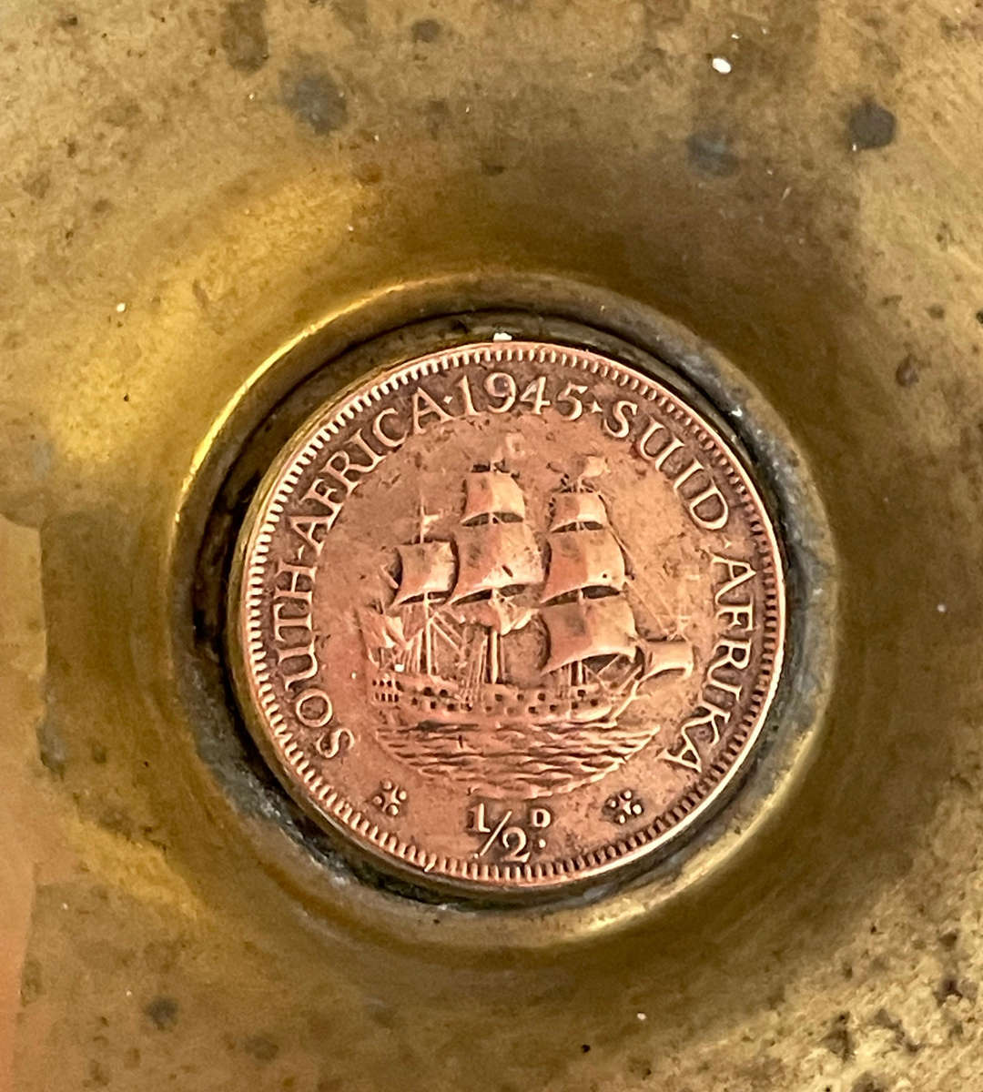 WWII South African Brass Trench Art Ashtray  1945 Shell Base with Half Penny Coin Insert  Rare Mil