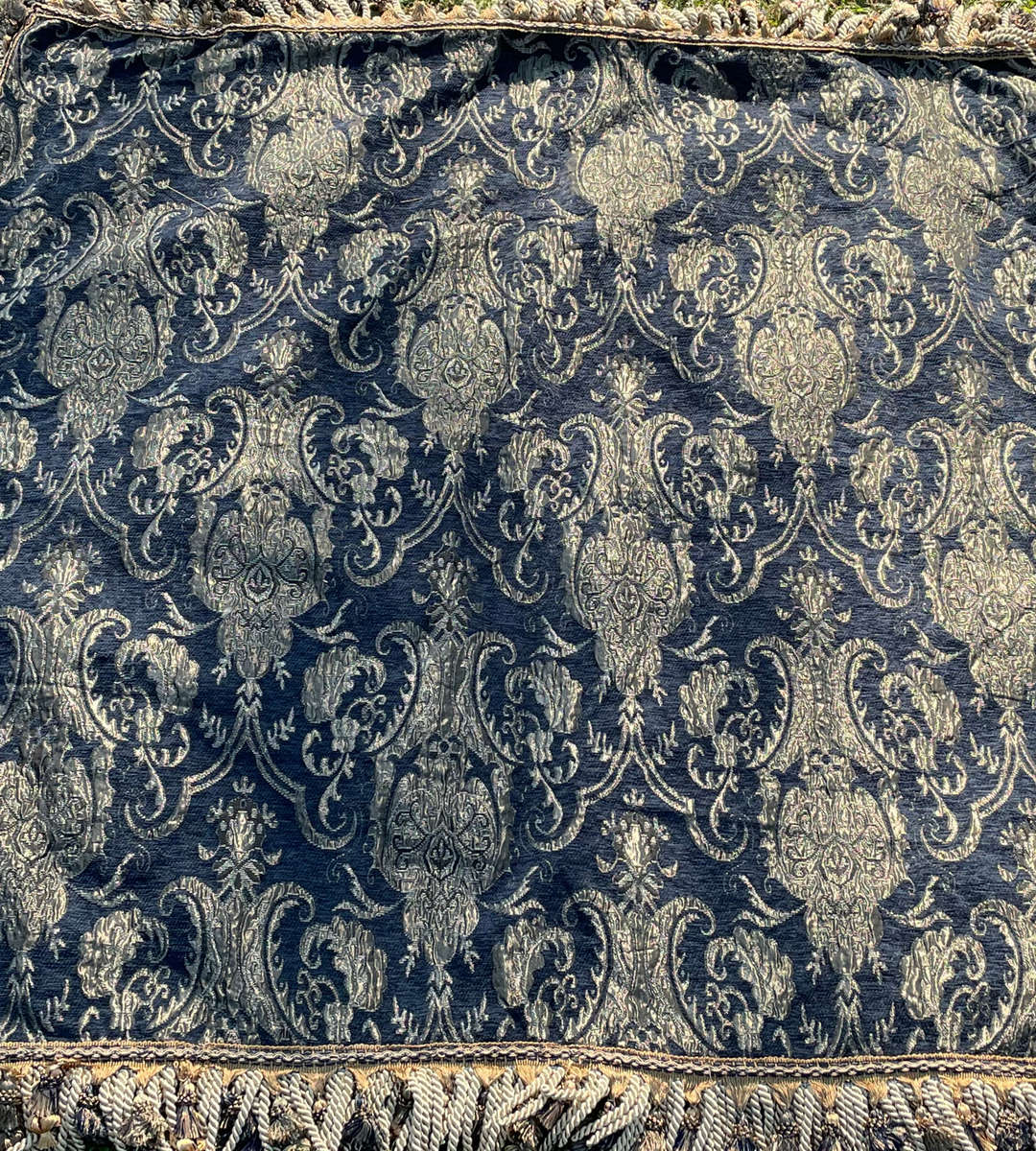 Heavy Traditional Indigo and Gold Upholstered Fabric with Velvet Suede Back and Double Rows of Tasse