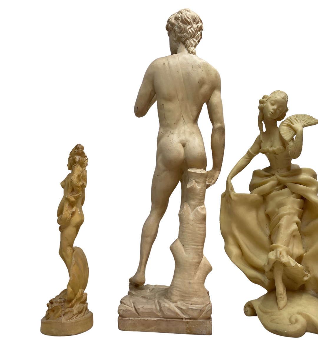 3pc Vintage Resin Sculpture Collection  Michelangelos David, Nude Goddess, and Rare Oriental Okimono