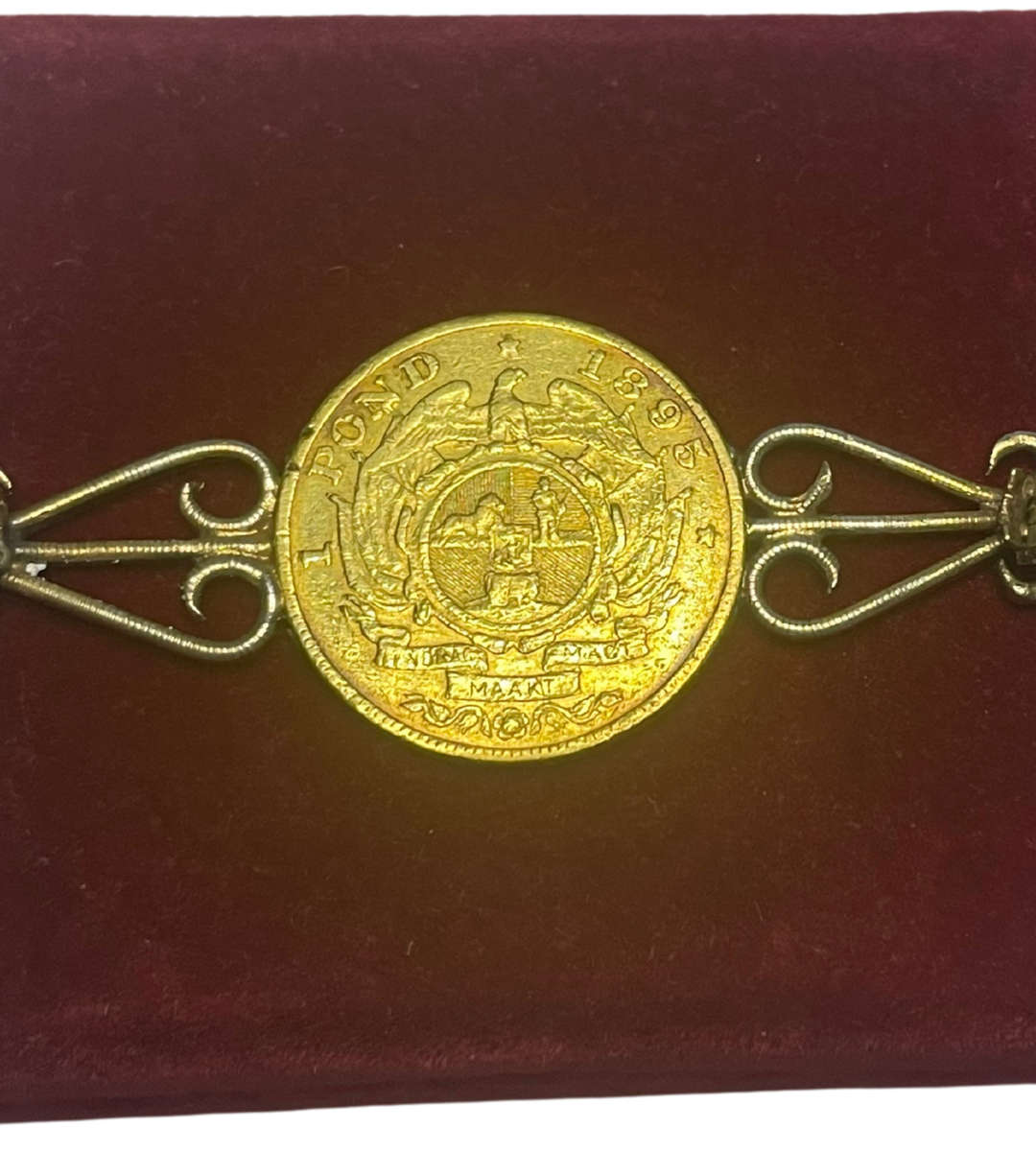 1895 South African Republic Paul Kruger 1 Pond Gold Coin Brooch  22ct Coin, 9ct Brooch  10.7g