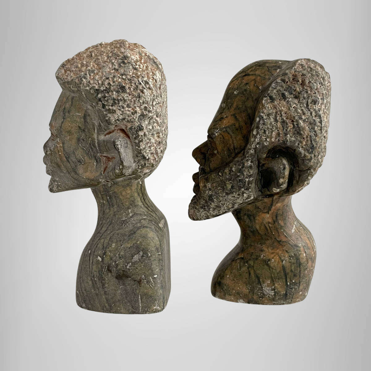 Set of 2 Vintage African Soapstone Busts  Hand-Carved Figures  11.5 to 12 cm  Aged Patina