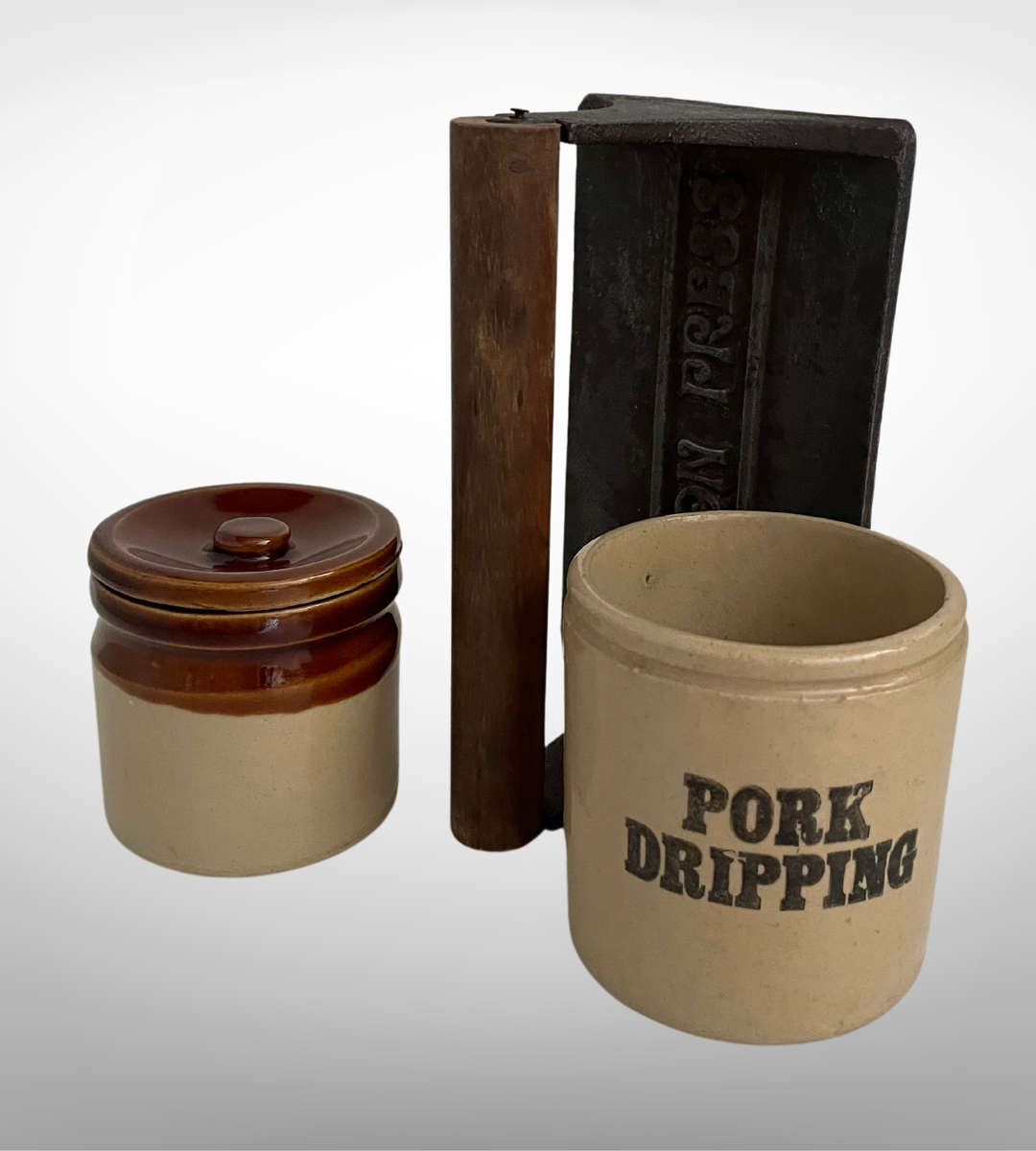 Vintage Rustic Cast Iron Bacon Press & 2 Stoneware Holders  Farmhouse Décor