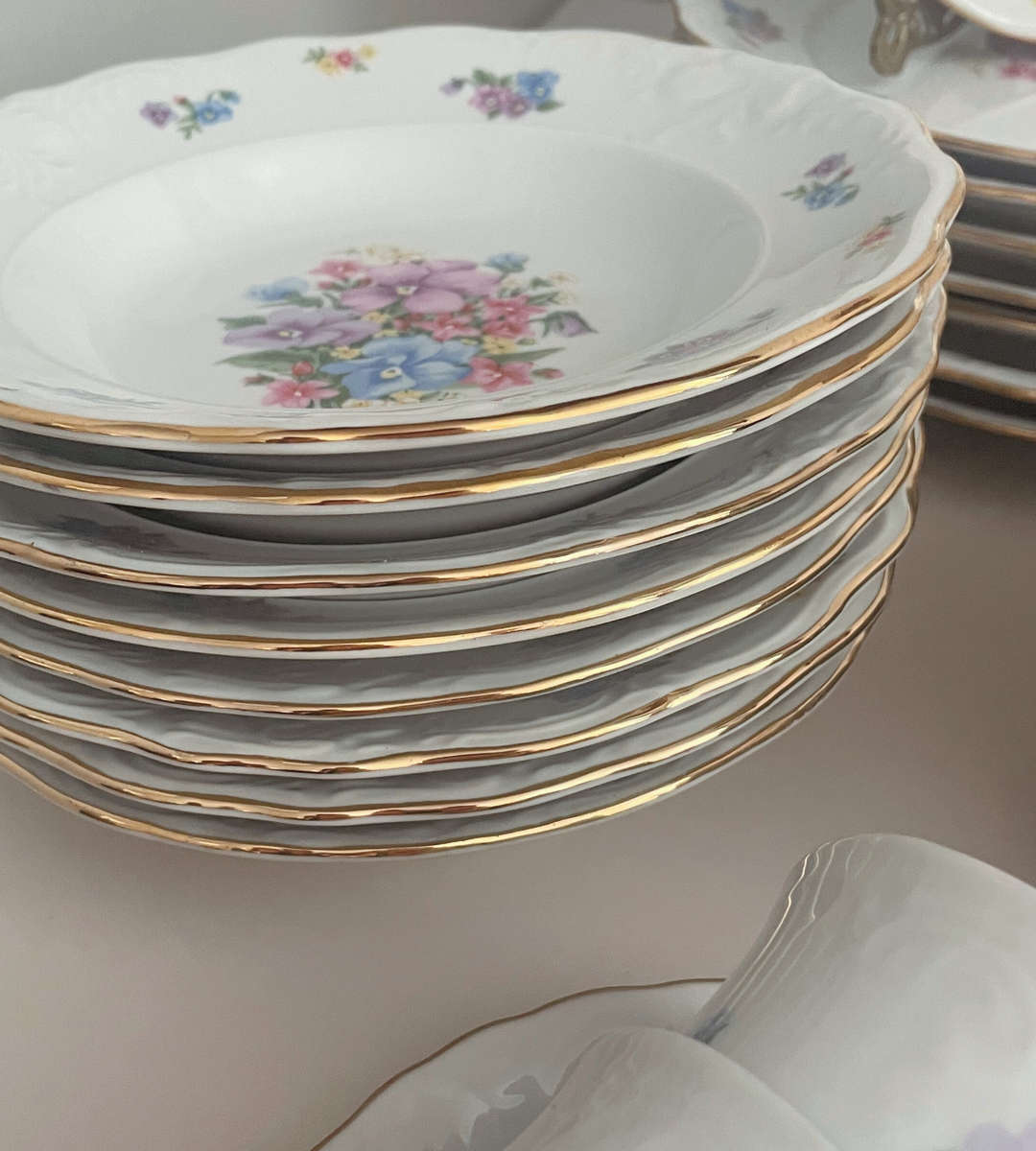 Vintage 55-Piece Fine China Dinner Set  - Gold-Trimmed Cottage Chic Floral Design - Discounted!