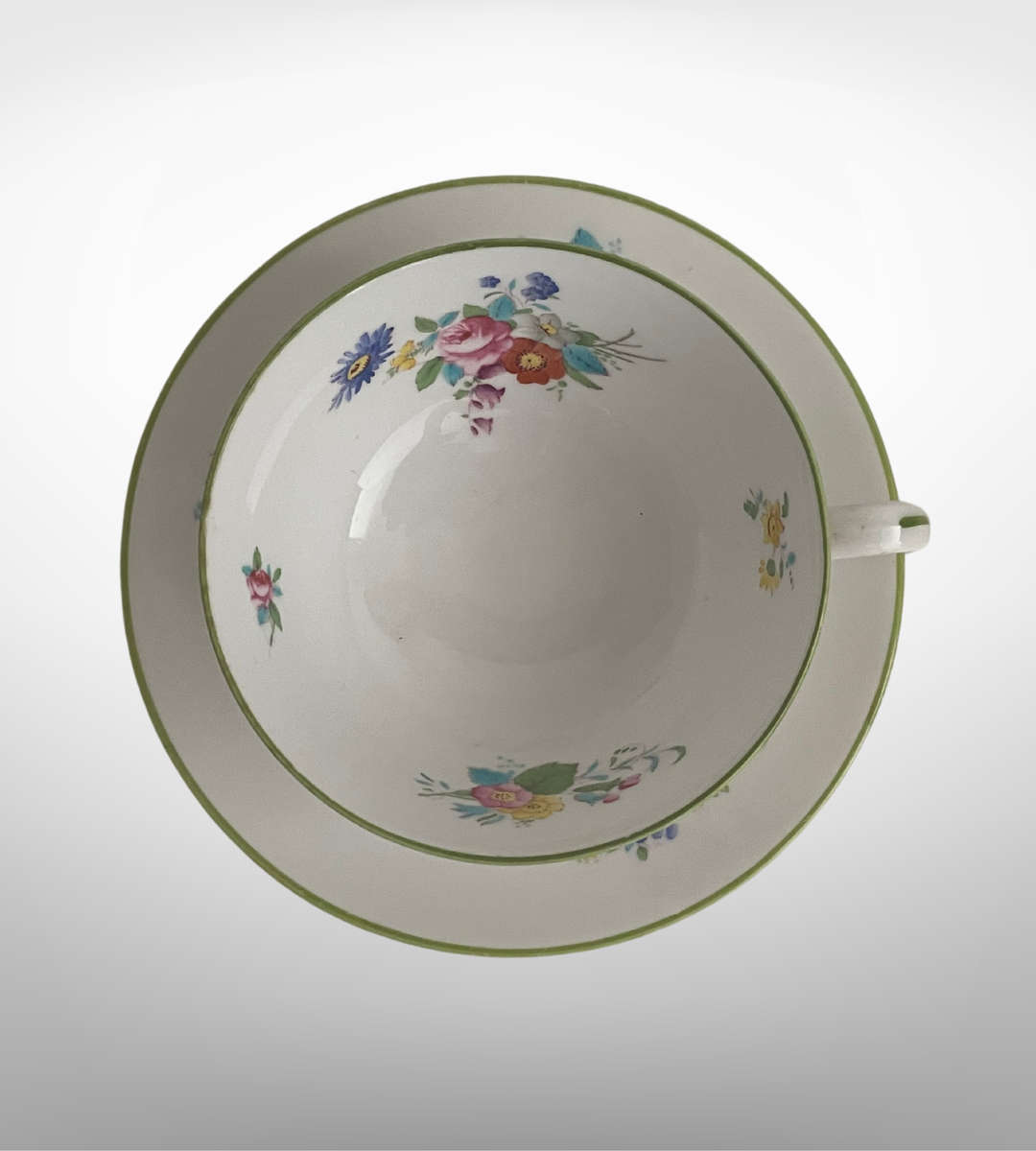 Antique Spode Copelands Tea Cup & Saucer  Ditsy Florals, Green Rim, Phillips Ltd Mark (1908-1929)