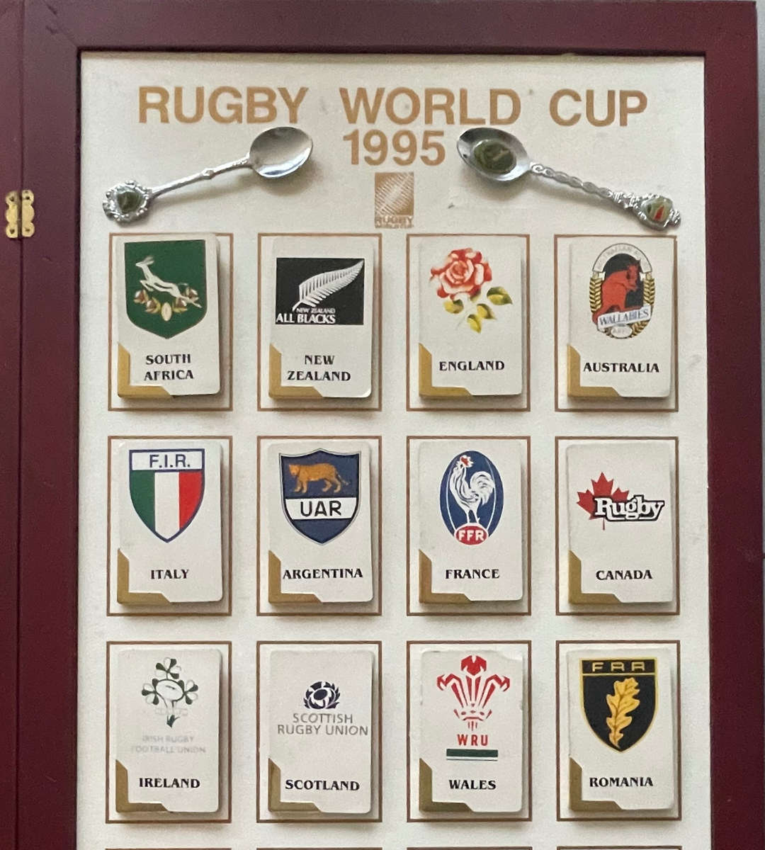 Rugby World Cup 1995 Cabinet Frame with Foldable Booklets & Springbok Teaspoons  Rare Collectible!