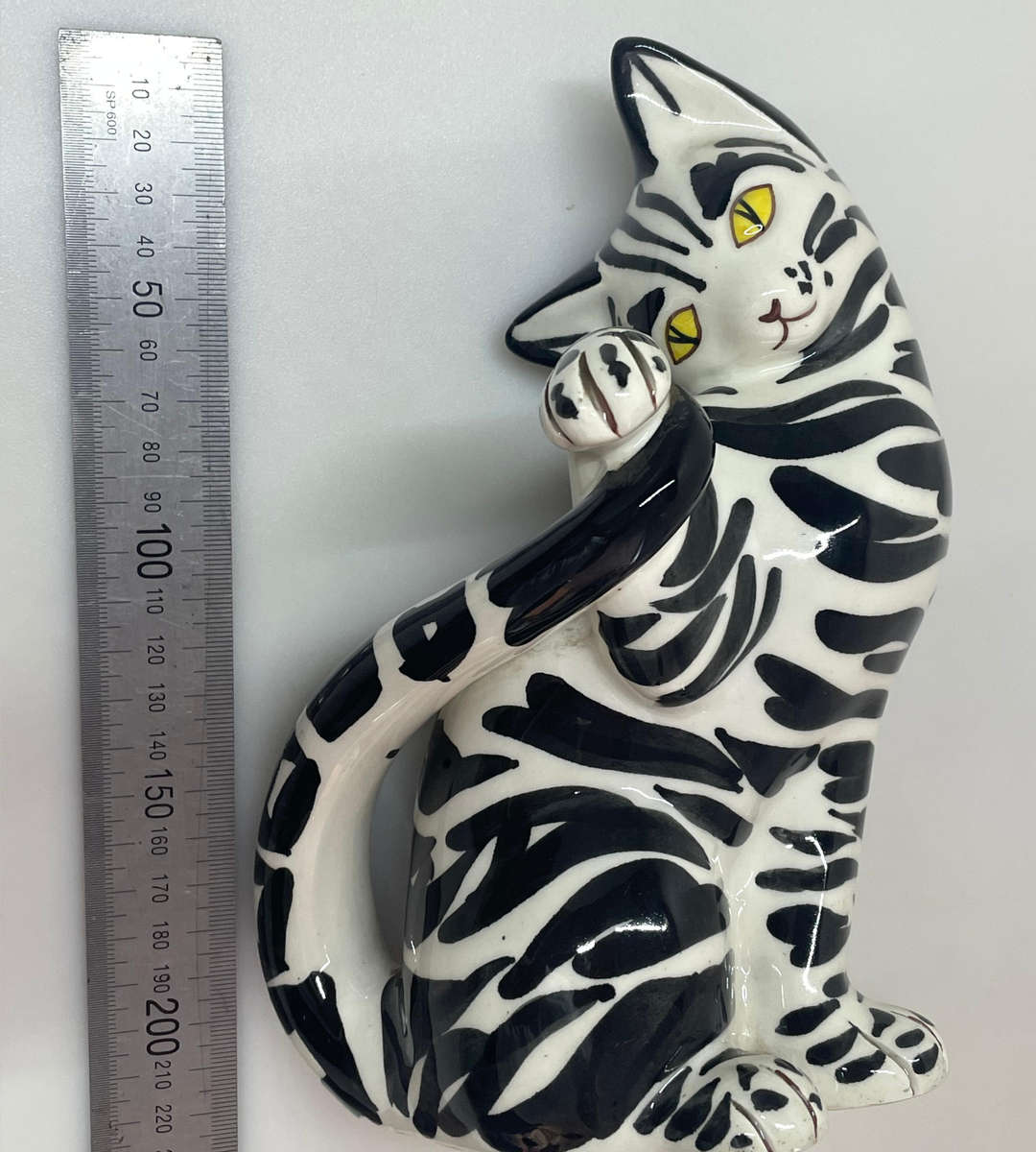 Vintage Italian Pottery Black & White Tabby Cat Figurine  Hand Painted  20.5cm  Marked Italy 5/53