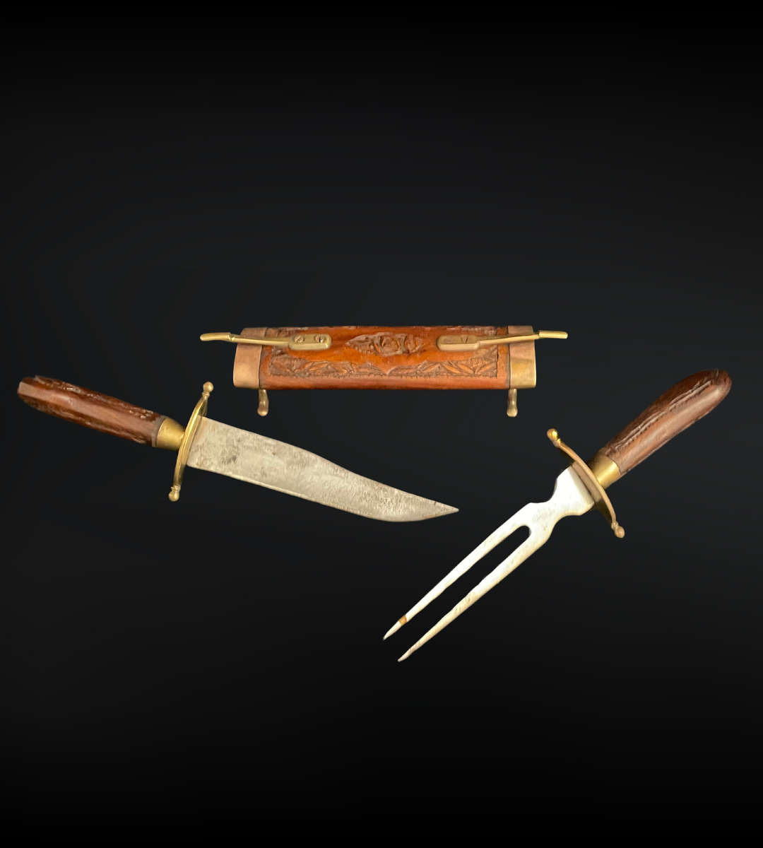 Vintage Indian Large Cased Sheathed Carving Eating Knife & Fork Cutlery Flatware Case