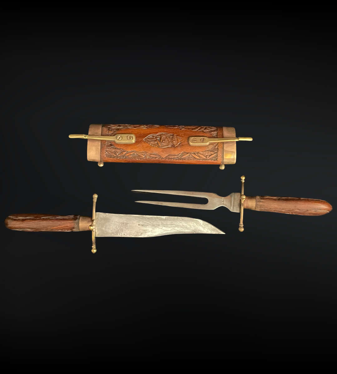 Vintage Indian Large Cased Sheathed Carving Eating Knife & Fork Cutlery Flatware Case