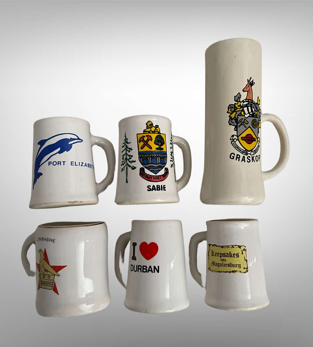 6-Piece Tiny Collectible Mugs & Glasses Lot | Port Elizabeth, Sabie Crest, Zimbabwe Tot-Sized