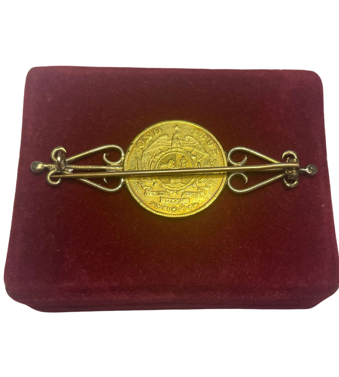 1895 South African Republic Paul Kruger 1 Pond Gold Coin Brooch  22ct Coin, 9ct Brooch  10.7g