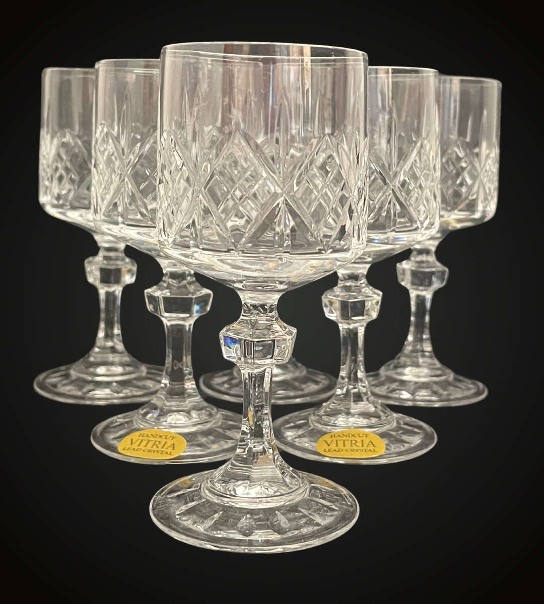 Set of 6 Vintage Vitria Handcut Lead Crystal Wine Glasses  Elegant 14.5cm High Goblets